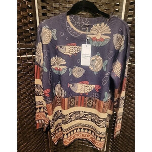 YESNO Women's 2XL Sweater Tunic | Fish & Ocean Print | Boho Artsy Pullover Top